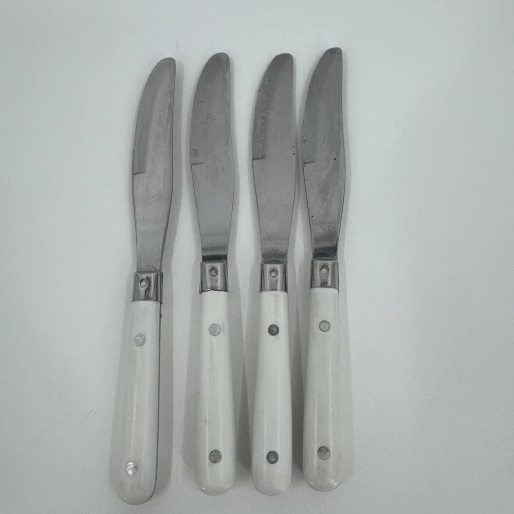 WF Mardi Gras Knives Stainless Riveted Handles White Lot‎ 4 Flatware